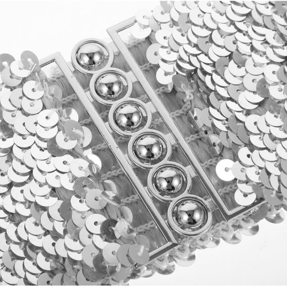 Women's Silver Sequin Belt for 70s 80s Party Costume Wide Waist Elastic Belt - Picture 8 of 9